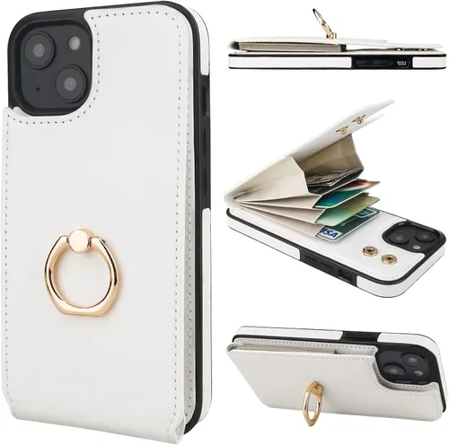 Vista 16 de Folosu Funda tipo billetera compatible con iPhone 14 con soporte para tarjetas, soporte de anillo para dedo con rotación de 360° y función atril