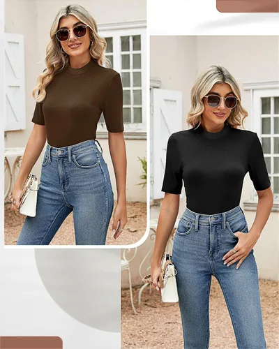 Vista 5 de Paquete de 2 camisetas casuales de negocios para mujer, camisas de cuello alto falso de manga corta cuello alto, blusas elegantes de manga corta