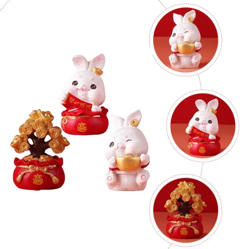 Vista 9 de 3 figuras de conejo del zodiaco chino en miniatura, estatuas de conejo, año de conejo, Fengshui, árbol de dinero, adorno para Año Nuevo, hogar