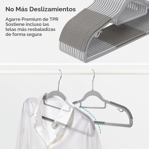 Vista 3 de HOUSE DAY - Perchas de plástico de calidad, paquete de 30 unidades, perchas antideslizantes de plástico gris, perchas ultra delgadas con gancho Gris