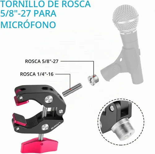 Vista 2 de Soporte de micrófono Super Clamp con tornillo de 1/4 a 5/8 pulgadas, compatible con micrófonos o accesorios de fotografía, carga máxima de 4.4