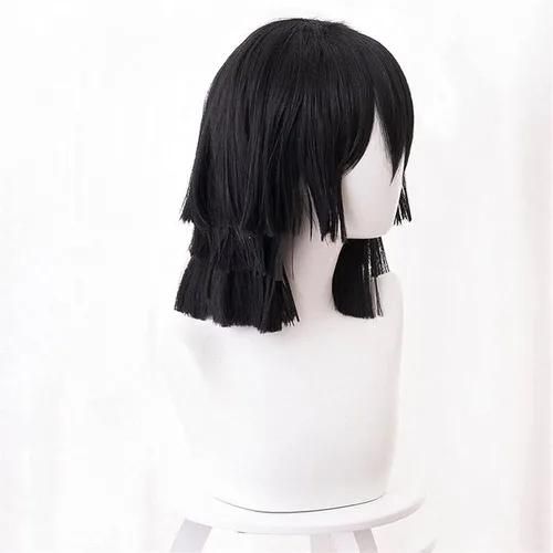 Vista 3 de MAGGAZ Anime Iguro Obanai Cosplay peluca negra Kimetsu no Yaiba peluca de fibra resistente al calor + gorra de peluca fiesta hombres mujeres