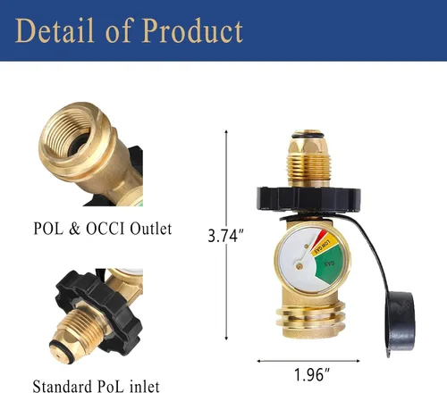 Vista 2 de Adaptador de tanque de propano de 100 libras con medidor de propano, ajuste universal POL, convierte POL a QCC1, latón macizo
