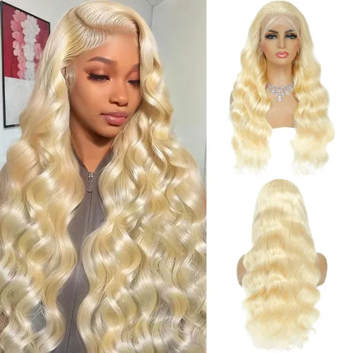 Vista 17 de Pelucas de cabello humano con encaje frontal 613 de 22 pulgadas, cabello humano prearrancado, rubio ondulado, encaje frontal, densidad 210, 613, 13