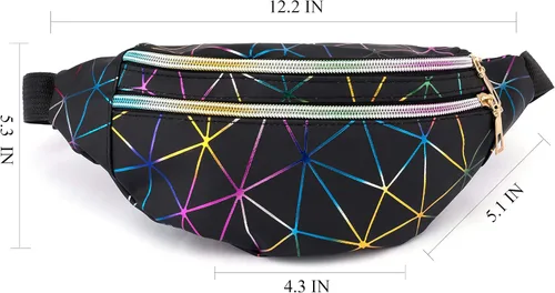 Vista 2 de 2 piezas holográficas negro oro azul rosa brillante plata púrpura Fanny Pack para mujeres gran linda cintura riñonera riñonera bolsa brillante