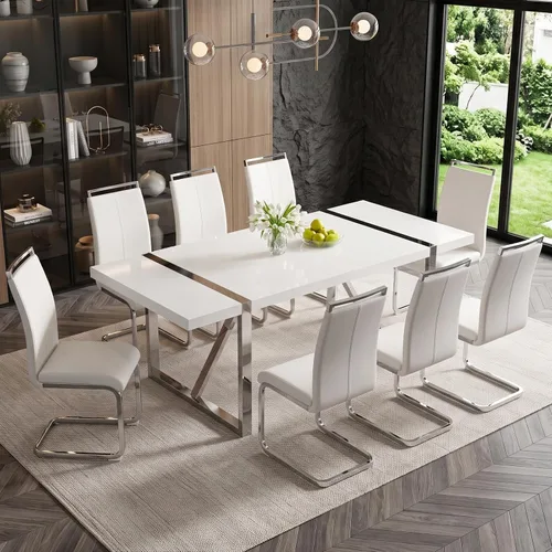 Vista 12 de Ebullient Juego de Mesa de Cocina Rectangular de MDF Blanca y Sillas de Comedor de Cuero Set de 6, Mesa de Comedor con Marco de Metal Dorado Moderno