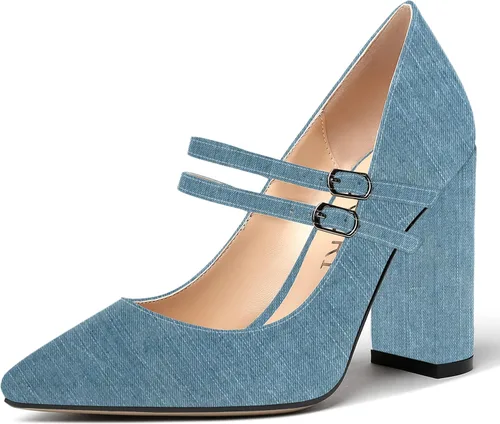 Vista 14 de MERRORI Vestido sólido con correa ajustable para mujer, con hebilla de patente, puntera puntiaguda, tacón alto, zapatos de 4 pulgadas Beige