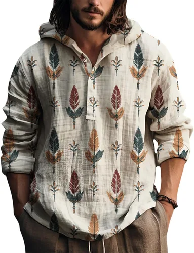 Vista 7 de Sudadera con capucha para hombre, con estampado de plumas, manga larga, 3 botones, a la moda, casual, para otoño, cómoda y suave