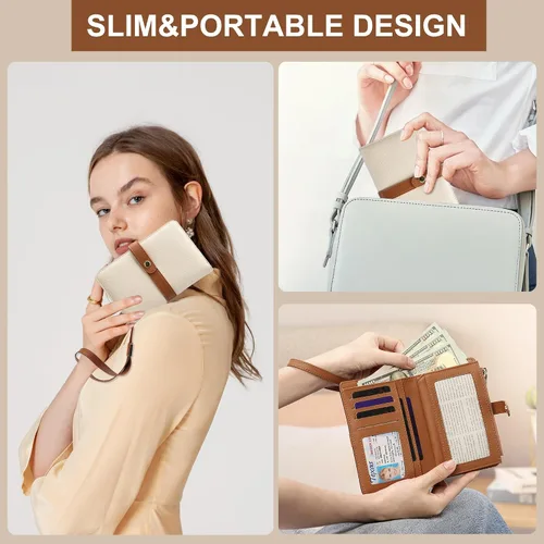 Vista 6 de Cartera pequeña para mujer, con bloqueo RFID, de piel vegana, delgada, plegable, para tarjetas de crédito, portapasaporte, cartera de viaje