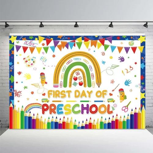 Vista 7 de MEHOFOND Cartel de fondo de bienvenida a jardín de infantes de 7 x 5 pies, diseño de arco iris, para regreso a clases, decoración de fiesta