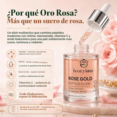 Vista 3 de ivoryloom - Suero facial de elixir peptídico de oro rosa, oro de 24 quilates, extracto de rosa, péptidos, ácido hialurónico, vitamina C