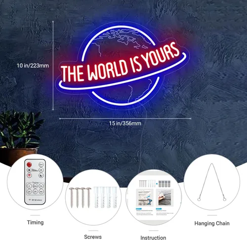 Vista 6 de Letrero de neón The World Is Yours, regulador remoto, planeta, lámpara de luz de neón LED para decoración de pared, alimentación USB para hombre