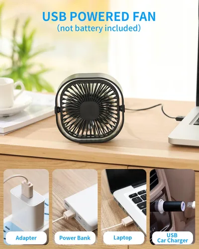 Vista 5 de Pequeño ventilador de escritorio USB, mini ventilador de mesa silencioso de 4 pulgadas, ventilador de escritorio portátil de 3 velocidades, pequeño