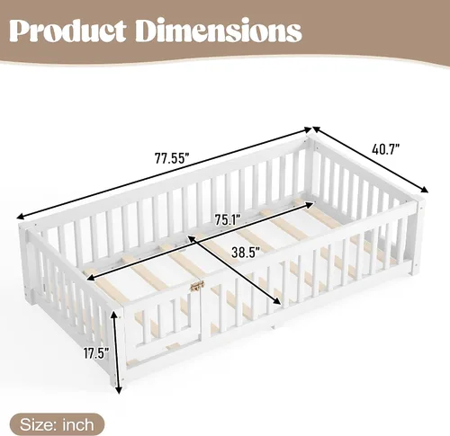 Vista 2 de Harper & Bright Designs - Cama de suelo para niños de tamaño individual con valla y puerta, marco de cama Montessori de madera maciza, cama