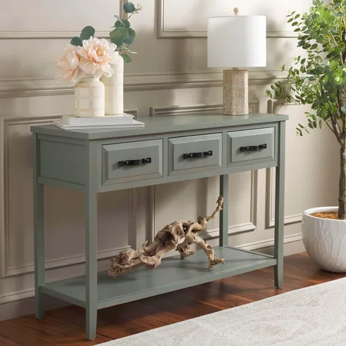 Vista 2 de Safavieh colección americana para el hogar Earley Mesa consola de tres cajones Color Negro Envejecido Y Nogal, Madera de olmo, Gris (French Grey)