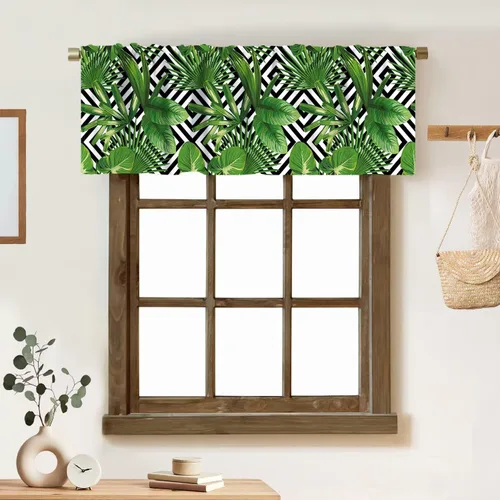 Vista 12 de Cortina de cenefa de hojas verdes tropicales, diseño de hojas de palmera, cenefa con bolsillo para barra, 1 panel, cortinas cortas para cocina