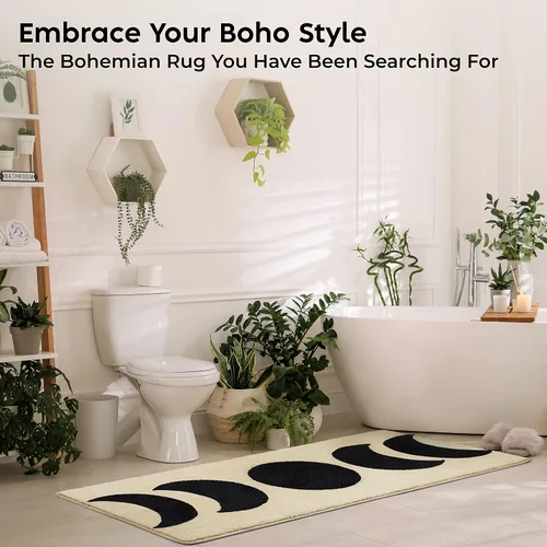 Vista 6 de Alfombra de baño Half Moon de 52.5 x 20.5 pulgadas, antideslizante, absorbente de agua, con diseño bohemio de brujería de fase lunar, color negro