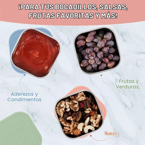 Vista 4 de Caperci Paquete de 3 Recipientes de Acero Inoxidable para Aperitivos con Tapas de Silicona - Recipientes Pequeños para Alimentos de 8 onzas a Prueba