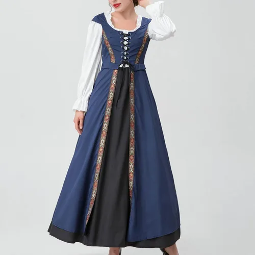Vista 8 de Vintage Retro Costume for Women Renaissance Patchwork Long Sleeve Dress Square Neck Tunic Steampunk Long Dresses