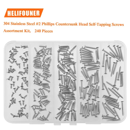 Vista 5 de Juego de tornillos de madera #2 x 1/4" 3/8" 1/2" 5/8" 3/4", HELIFOUNER 240 piezas de kit de surtido de tornillos autorroscantes con cabeza Phillips