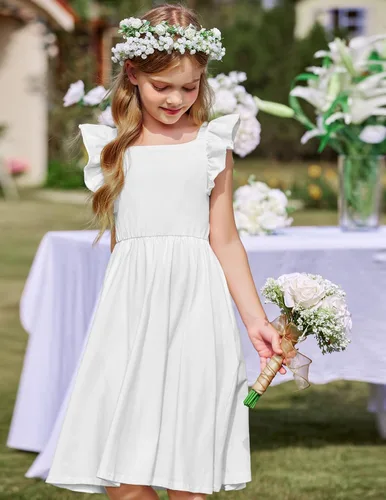 Vista 5 de Arshiner Vestidos de verano para niñas, cuello cuadrado, manga con volantes, lazo en la espalda, acampanado, casual, vestido midi con bolsillos