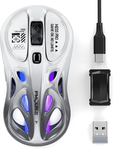 Vista 7 de FMOUSE Ratón inalámbrico para juegos, trimodo (2.4 G/Bluetooth/cableado), 4800 DPI, 1000 Hz ergonómico hueco RGB recargable tipo C para Gris