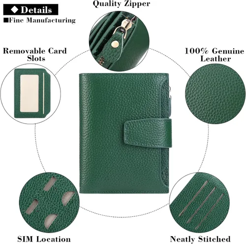 Vista 5 de FALAN MULE Cartera pequeña para mujer, de piel auténtica, plegable, compacta, con bloqueo RFID, pequeña cartera para mujer, Manzana Verde