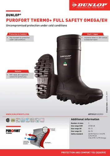 Vista 8 de Dunlop E65203310 Purofort Thermo+ - Bota de protección contra el frío OmegaEH, plantilla premium, aislamiento frío de -58 F, puntera de acero