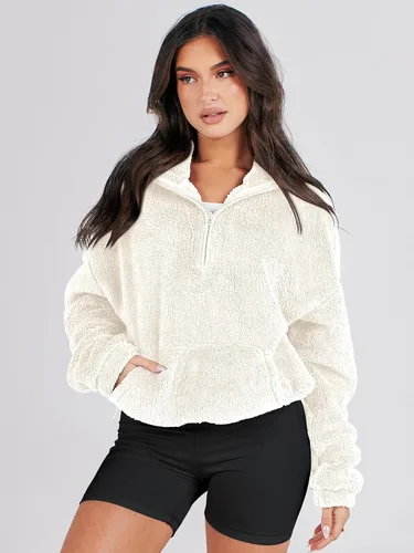 Vista 5 de ANRABESS Sudadera de manga larga para mujer, de gran tamaño, con media cremallera, forro polar, suave, con bolsillos