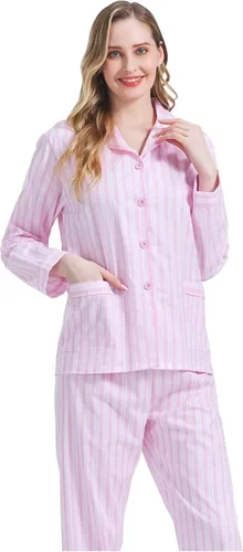 Vista 7 de Amaxer Conjunto de pijama 100% algodón para mujer, de manga larga, suave, con botones, con cordón elástico