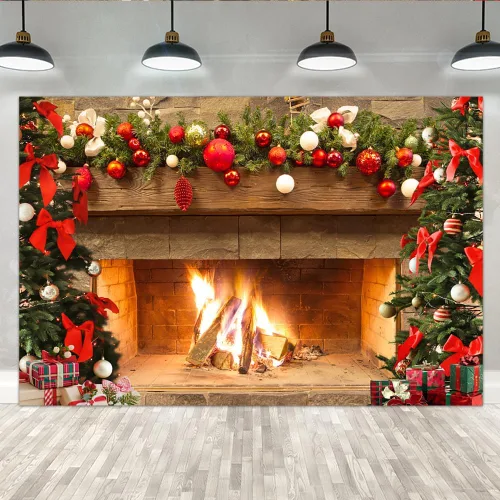Vista 8 de Lofaris Telón de fondo de chimenea de Navidad de 5 x 3 pies, diseño vintage de árbol de fuego, medias rojas, regalos de fondo de fotografía