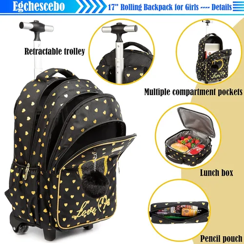 Vista 5 de Egchescebo Mochilas escolares para niños, mochila con ruedas para niñas, equipaje con ruedas