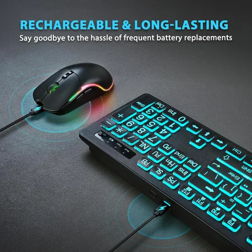 Vista 9 de Combo de teclado y mouse inalámbricos de impresión grande retroiluminada, teclados de tamaño completo de 2.4 G con teclas grandes iluminadas, teclas