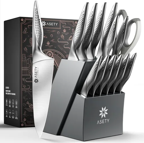 Vista 12 de Juego de cuchillos de cocina con bloque - Juego de 15 cuchillos con afilador incorporado, apto para lavavajillas, cuchillos de cocina de acero