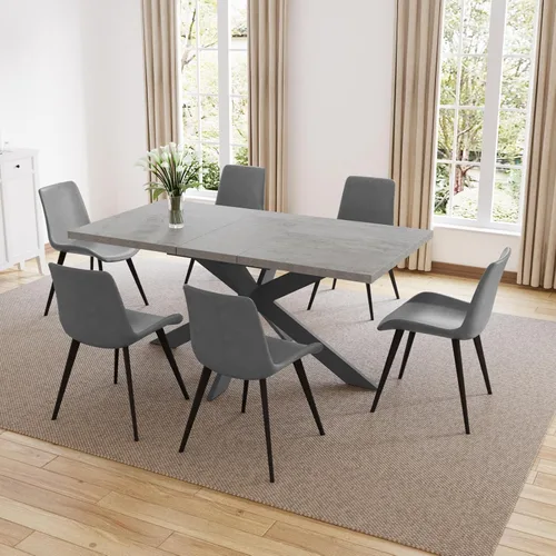 Vista 25 de ZckyCine Juego de mesa de comedor extensible de 6 piezas, moderna mesa de madera gris de 63 a 79 pulgadas con 6 sillas de tela gris, mesa de comedor