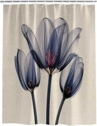 Vista 2 de Cortina de ducha, diseño abstracto transparente de tulipán, de algodón y lino con textura de tulipán, juego de cortina de ducha impermeable con 12