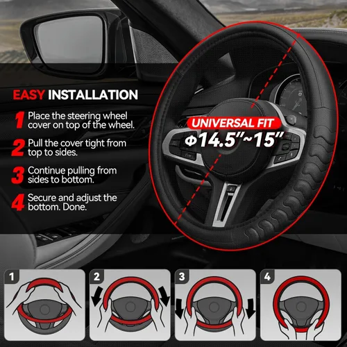 Vista 6 de Funda para volante de Auto Dynasty, protector de volante de auto de cuero de microfibra transpirable con patrón de agarre antideslizante, forro