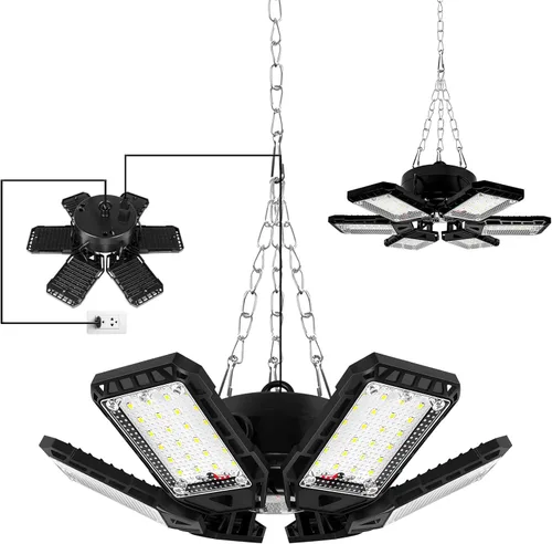 Vista 4 de Aoretic Luces LED de garaje 180W 18000LM 6500K, paquete de 2 6+1 paneles deformables, base E26/E27, uso de almacén y tienda, luz de granero
