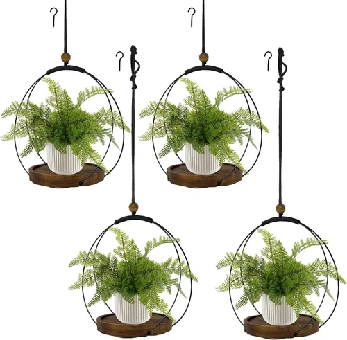 Vista 13 de Maceta colgante para plantas de interior, colgador de plantas negro para interiores con base de madera resistente, colgador de plantas de macramé