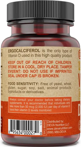 Vista 3 de DEVA Vitamina D2 vegana 800 UI, suplemento de ergocalciferol sin ingredientes animales, 90 tabletas, 1 paquete