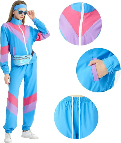 Vista 3 de Traje deportivo de los años 80 para mujer, traje de los años 80 y 90, traje retro rompevientos de 2 piezas, conjunto de chándal con chaqueta