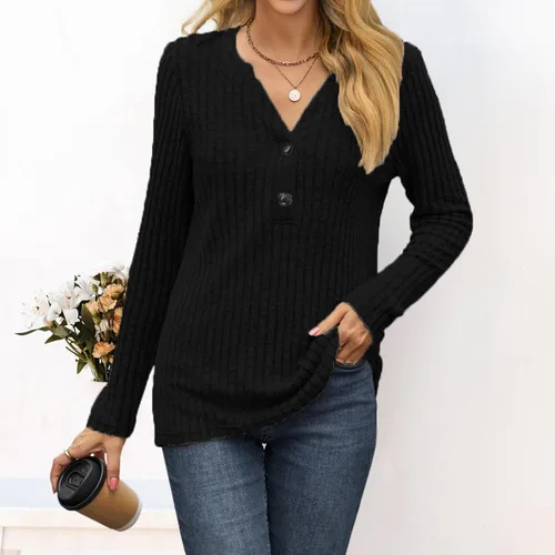 Vista 4 de Camiseta de manga larga para mujer, cuello en V, blusas casuales de color sólido