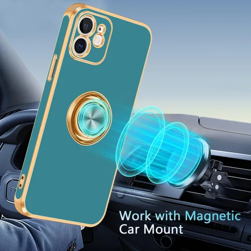 Vista 6 de Fingic Funda para iPhone 11, con soporte de anillo giratorio de 360°, soporte magnético [borde dorado chapado brillante], funda protectora delgada