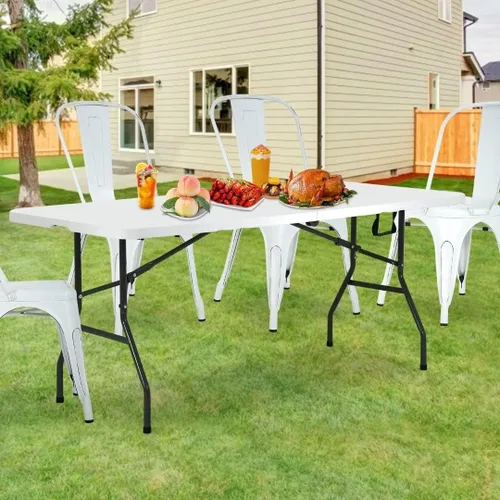 Vista 2 de Mesa plegable portátil de plástico resistente, mesa de picnic de 6 pies, mesa de camping resistente multifunción con asas, práctica mesa plegable