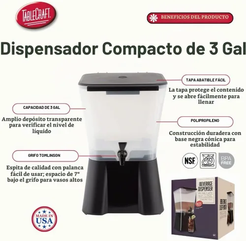Vista 2 de TableCraft Dispensador de bebidas H953 de 3 galones, negro y transparente