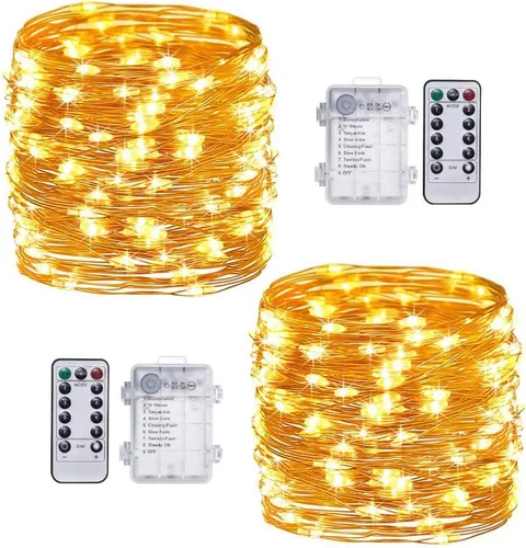 Vista 8 de Guirnalda de luces a pilas con temporizador de control remoto, 33 pies, 100 luces LED, impermeables, 8 modos, alambre de cobre, luces blancas Blanco
