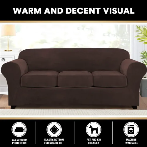 Vista 5 de PrinceDeco - 4 fundas de terciopelo para sofá de 3 cojines, protector suave de muebles con parte inferior elástica antideslizante, fundas de sofá