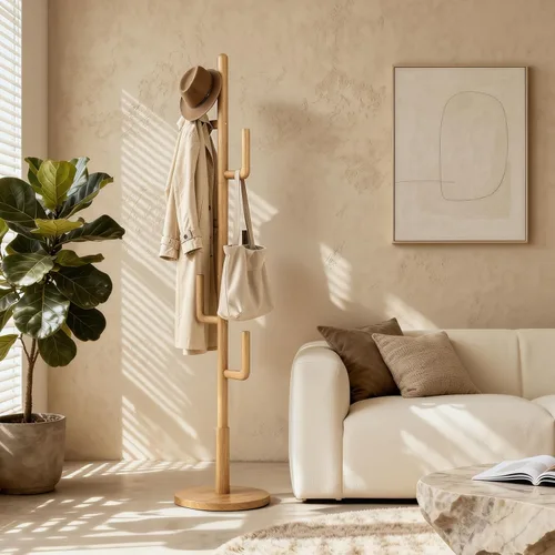 Vista 8 de Perchero independiente de madera maciza de cactus con 6 ganchos en forma de L y 3 tamaños ajustables, perchero para dormitorio, entrada, sala