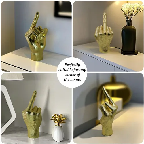 Vista 3 de DECOUE Gold Decor - Estatua de dedo de escultura de mano de gesto de resina - Decoración clásica para el hogar y escritorio - Dedo medio