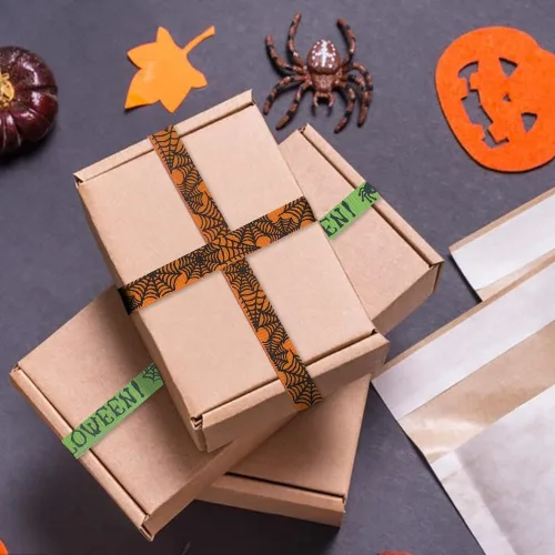 Vista 4 de 4 cintas de Halloween de 20 yardas, cintas de grogrén de Halloween, cintas de calabaza de Thansgiving, cintas de telaraña, naranja, verde, negro